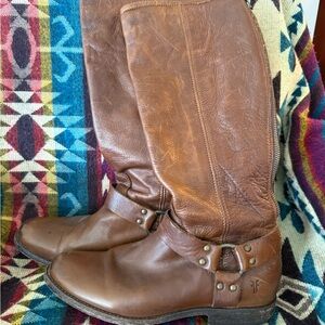 Frye Brown Leather Harness Boots with Zipper